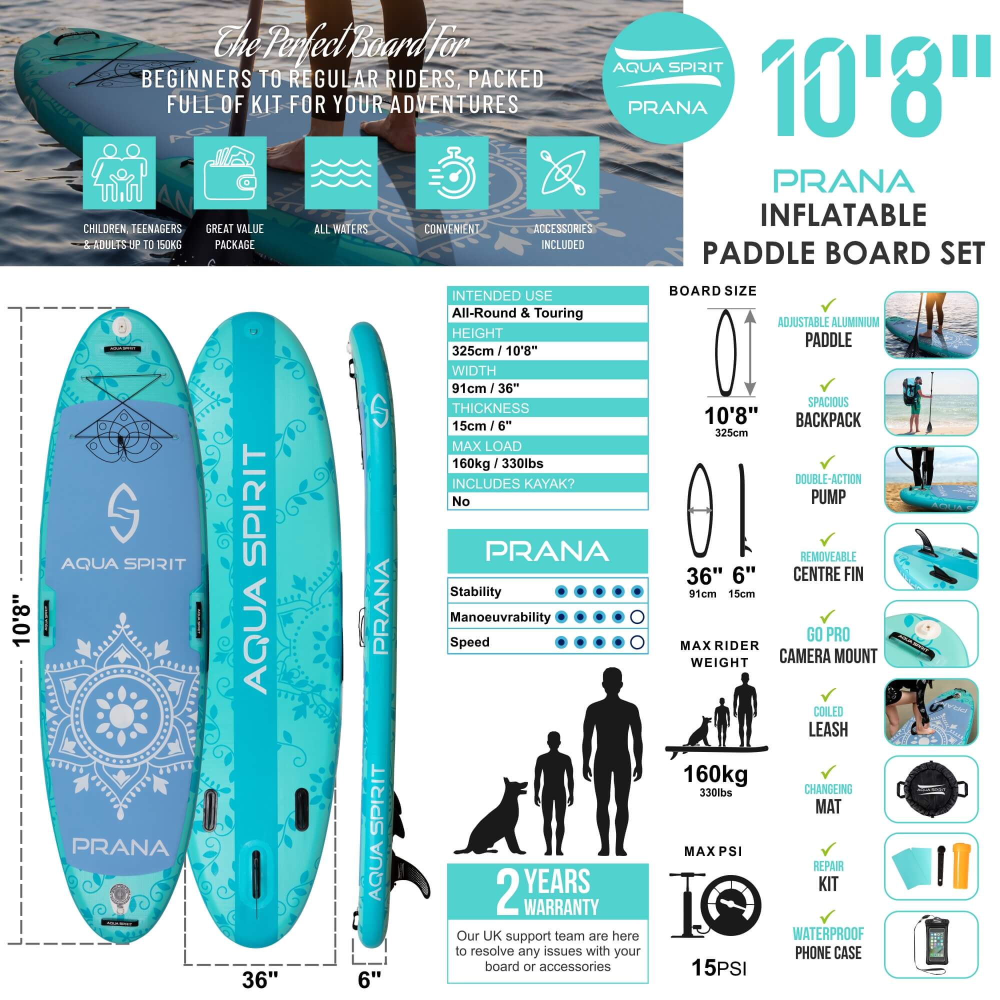 Aqua Spirit Prana 10′8FT Yoga Water AquaFitness Stand Up Paddle Board Kit, 6" Thick, Aluminium Paddle & Clips, Backpack, Change Mat, Pump, Leash, Mount for GoPro, Shoulder Straps & 2 Year Warranty