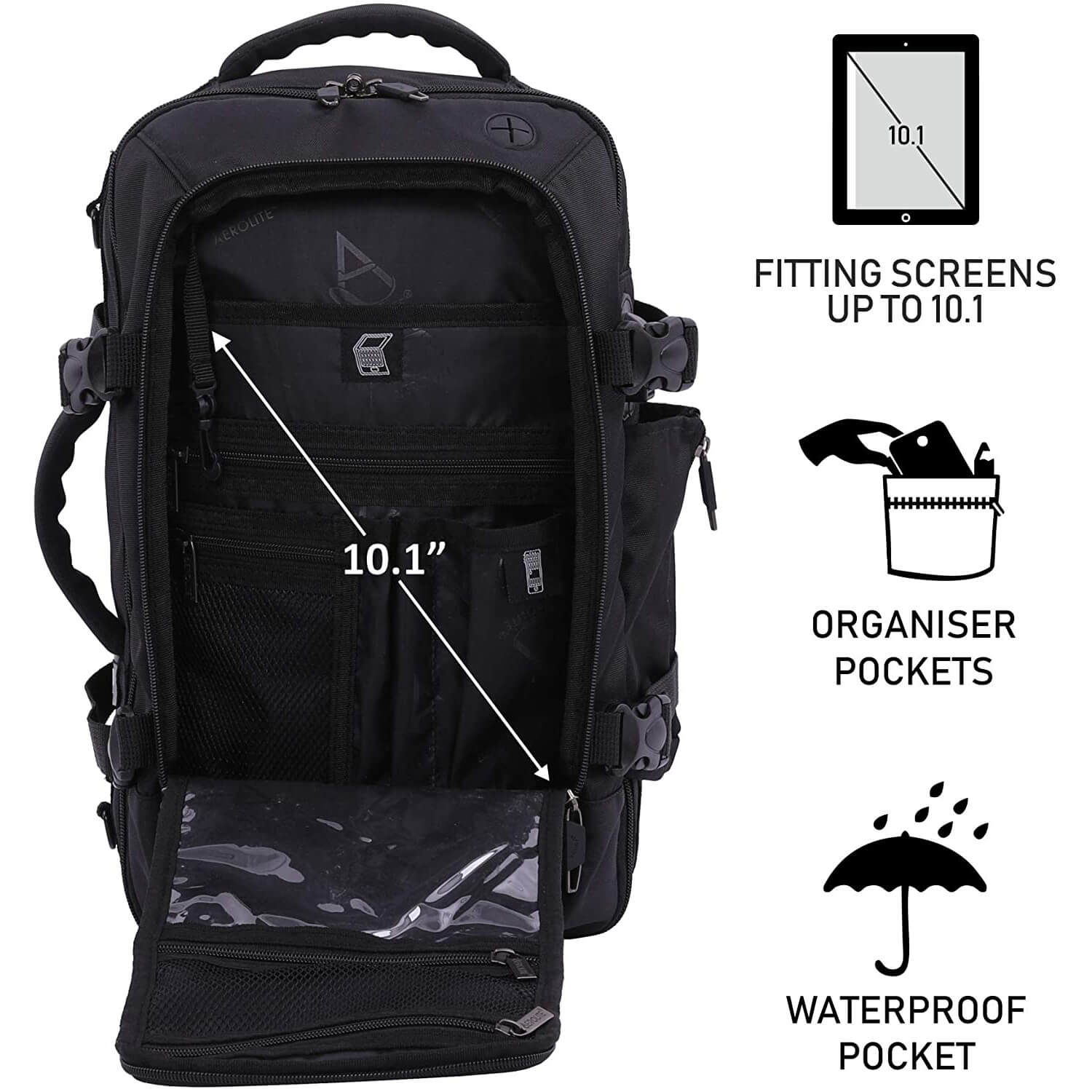 Aerolite (40x20x25cm) 3 in 1 Cabin Luggage Approved Flight Backpack, New and Improved 2021 Ryanair Maximum Size with YKK Zippers, Black - Packed Direct UK