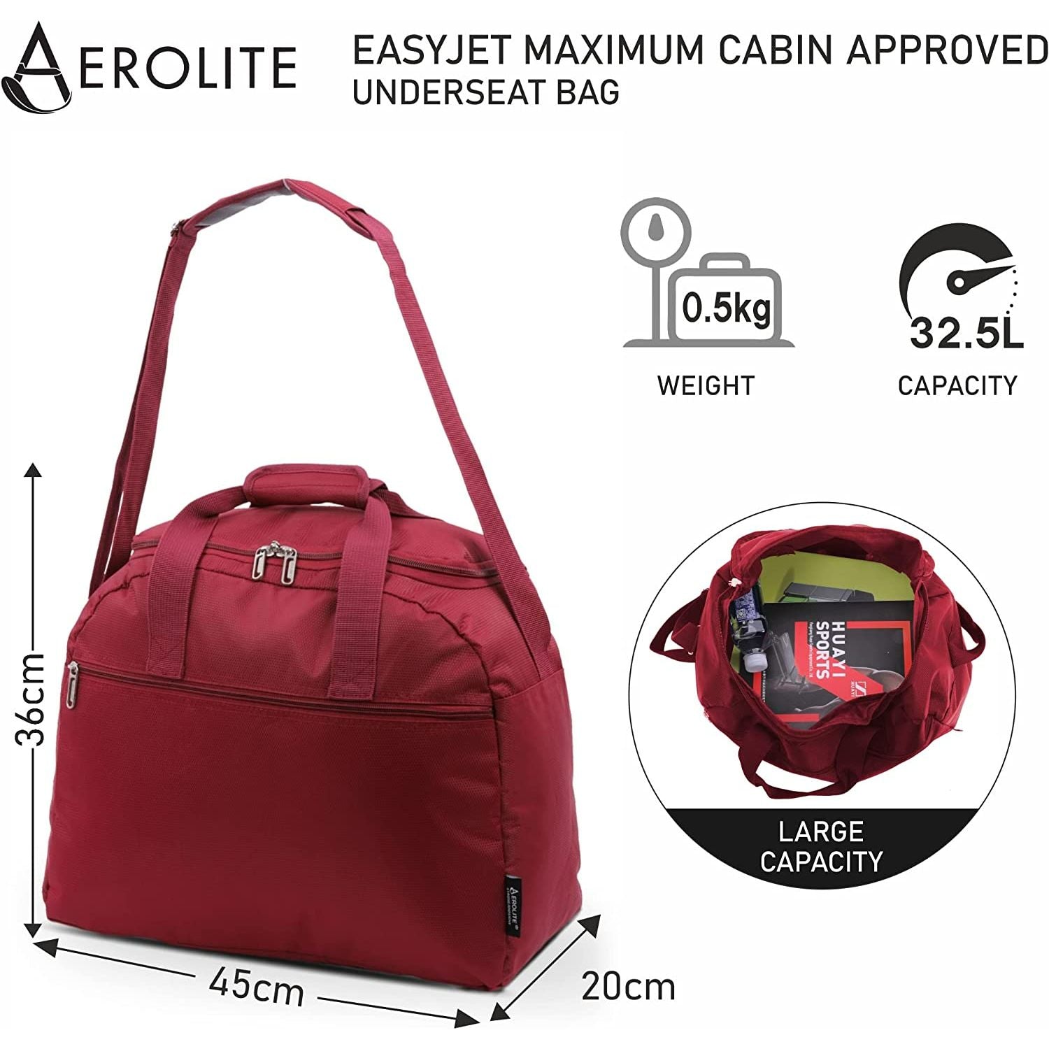 Aerolite (45x36x20cm) New and Improved 2021 easyJet Maximum Size Holdall Cabin Luggage Under Seat Flight Bag, Black - Packed Direct UK