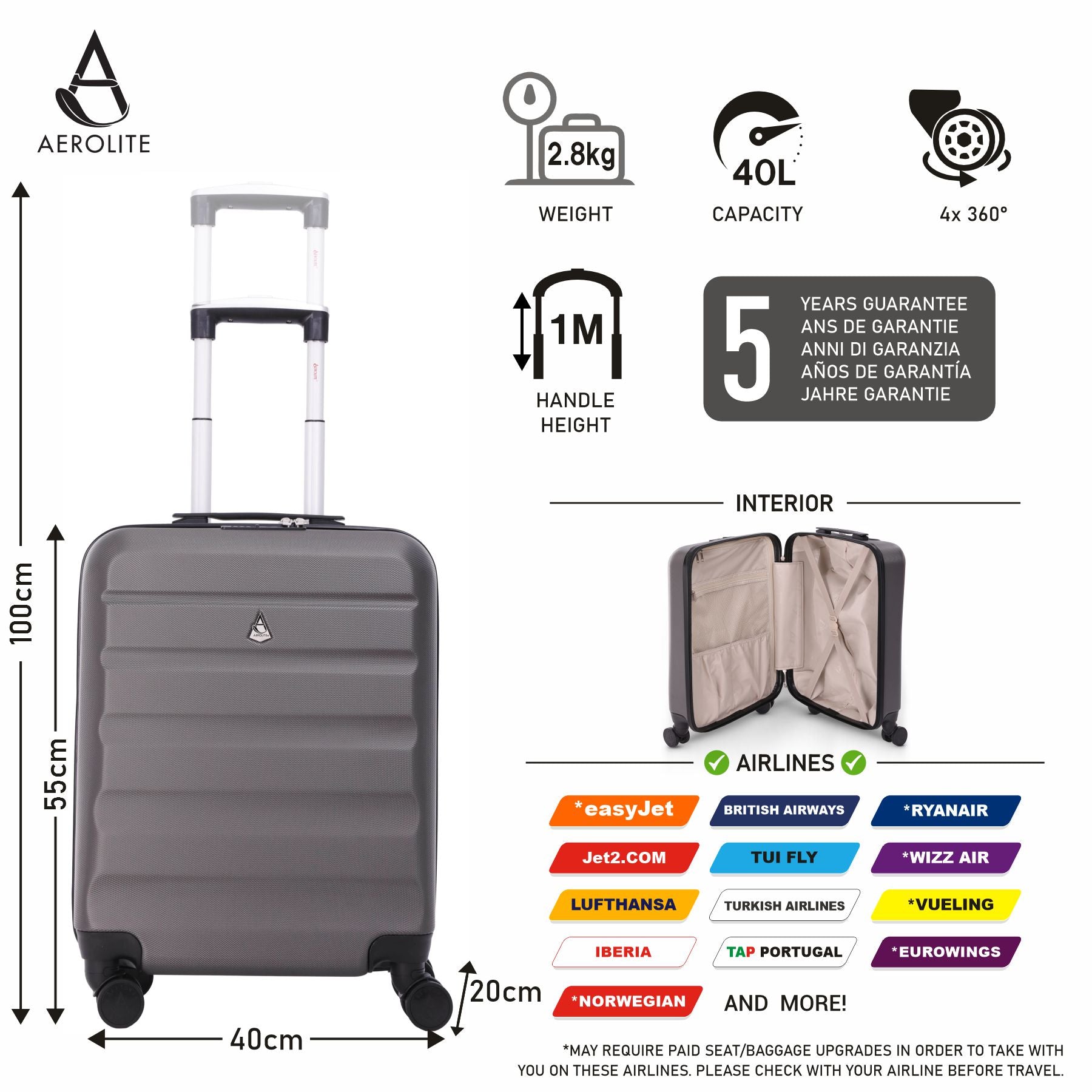 Aerolite (55x40x20cm) Ryanair Maximum Lightweight Hard Shell Cabin Hand Luggage, 4 Wheels - Packed Direct UK