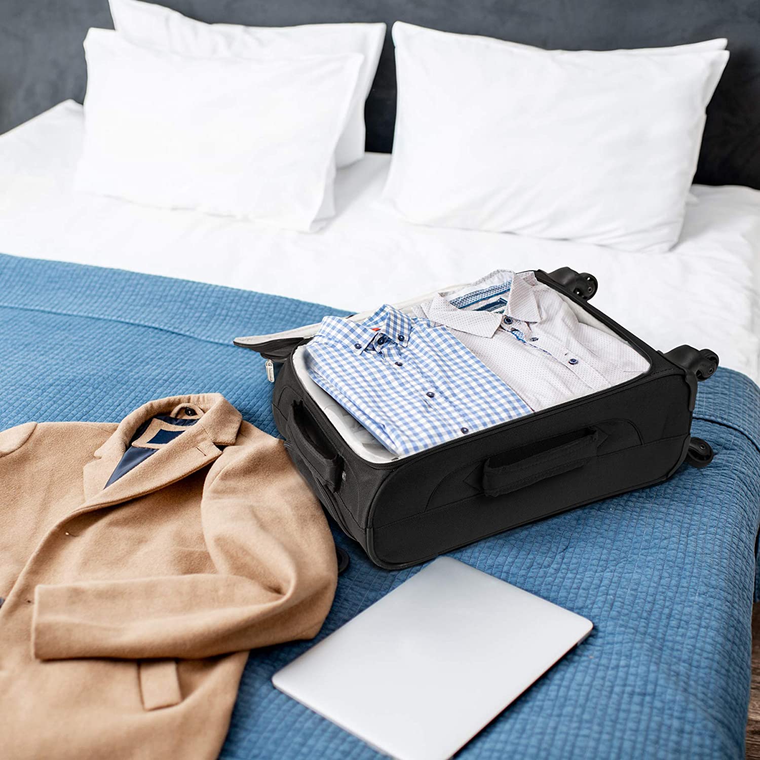 Aerolite Lightweight 55cm 4 Wheel Travel Carry On Hand Cabin Luggage Suitcase Navy Blue Plum Approved for easyJet British Airways Ryanair and More - Packed Direct UK