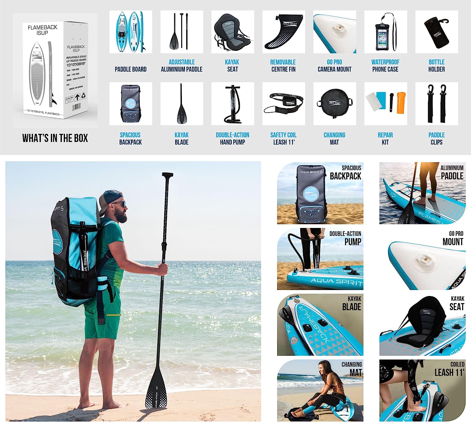 Aqua Spirit Flameback SUP Activity Inflatable Stand UP Paddle Board 2023 | 10'10”x39”x6” | Complete Kayak Conversion Kit with Fishing Rod Mounts, Paddle, Backpack, Pump and more accessories | Adult Beginners/Experts | 2 Year Warranty - Packed Direct UK