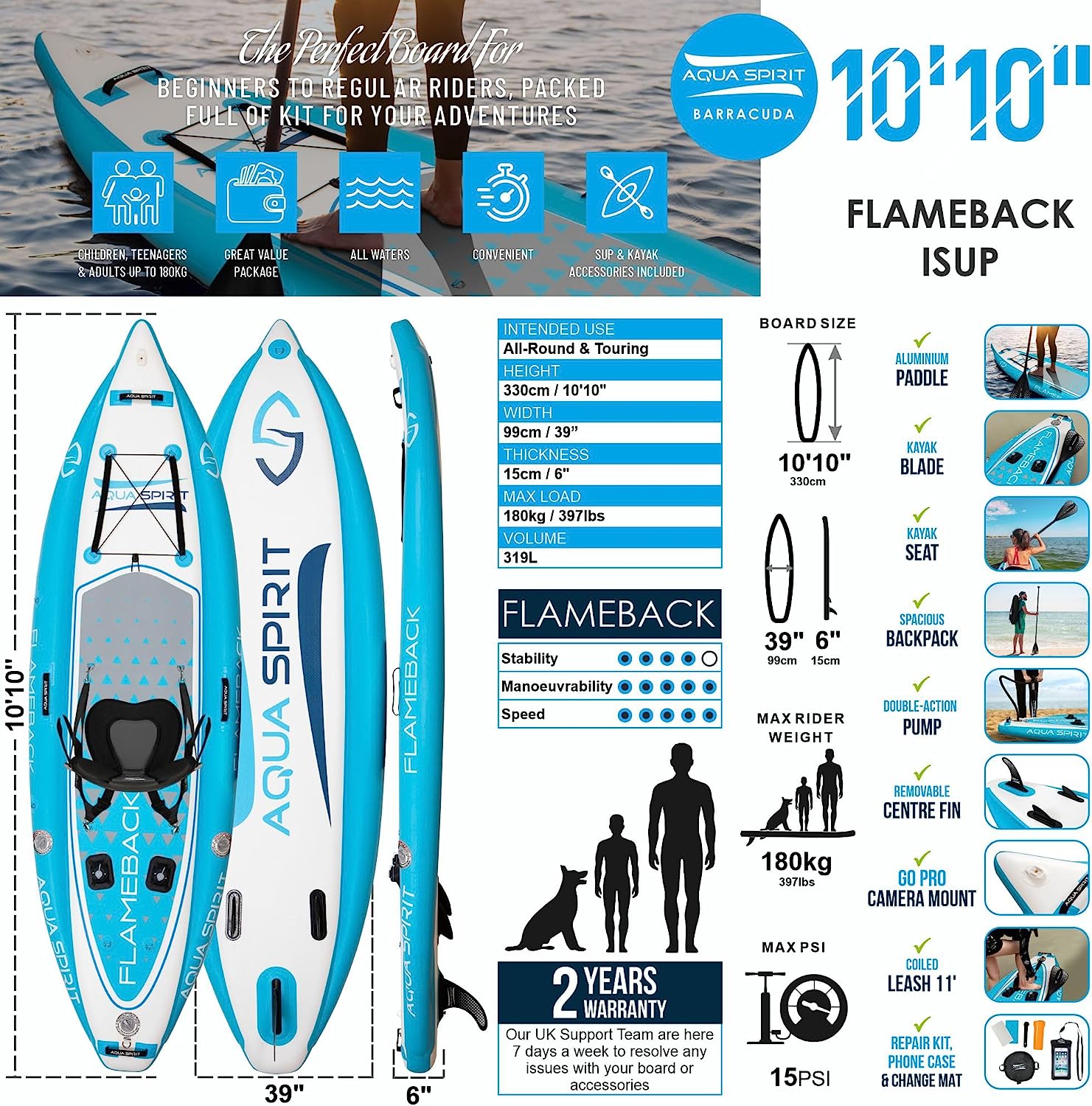 Aqua Spirit Flameback SUP Activity Inflatable Stand UP Paddle Board 2023 | 10'10”x39”x6” | Complete Kayak Conversion Kit with Fishing Rod Mounts, Paddle, Backpack, Pump and more accessories | Adult Beginners/Experts | 2 Year Warranty - Packed Direct UK