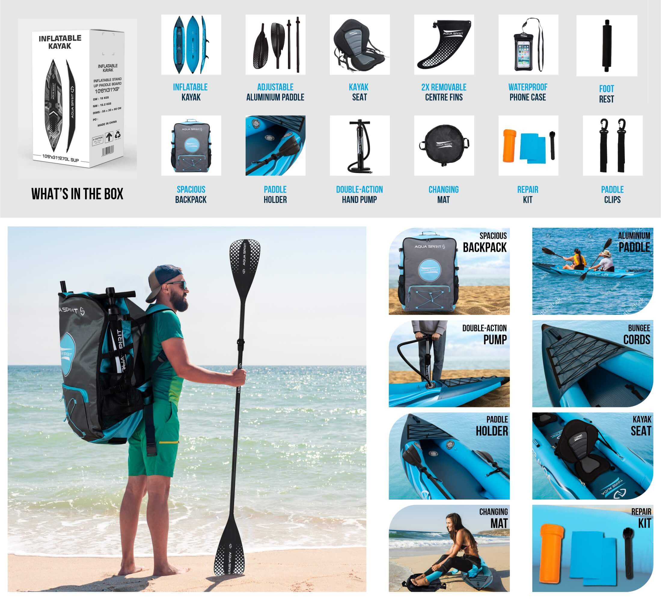Aqua Spirit Inflatable Kayak Latest 2023 Model, 10'5”/13’5”/1 or 2 Person Complete Kayak Kit with Paddle, Backpack, Double-Action Pump and more accessories, For Adult Beginners/Experts - 3 Years Brand Warranty - Packed Direct UK