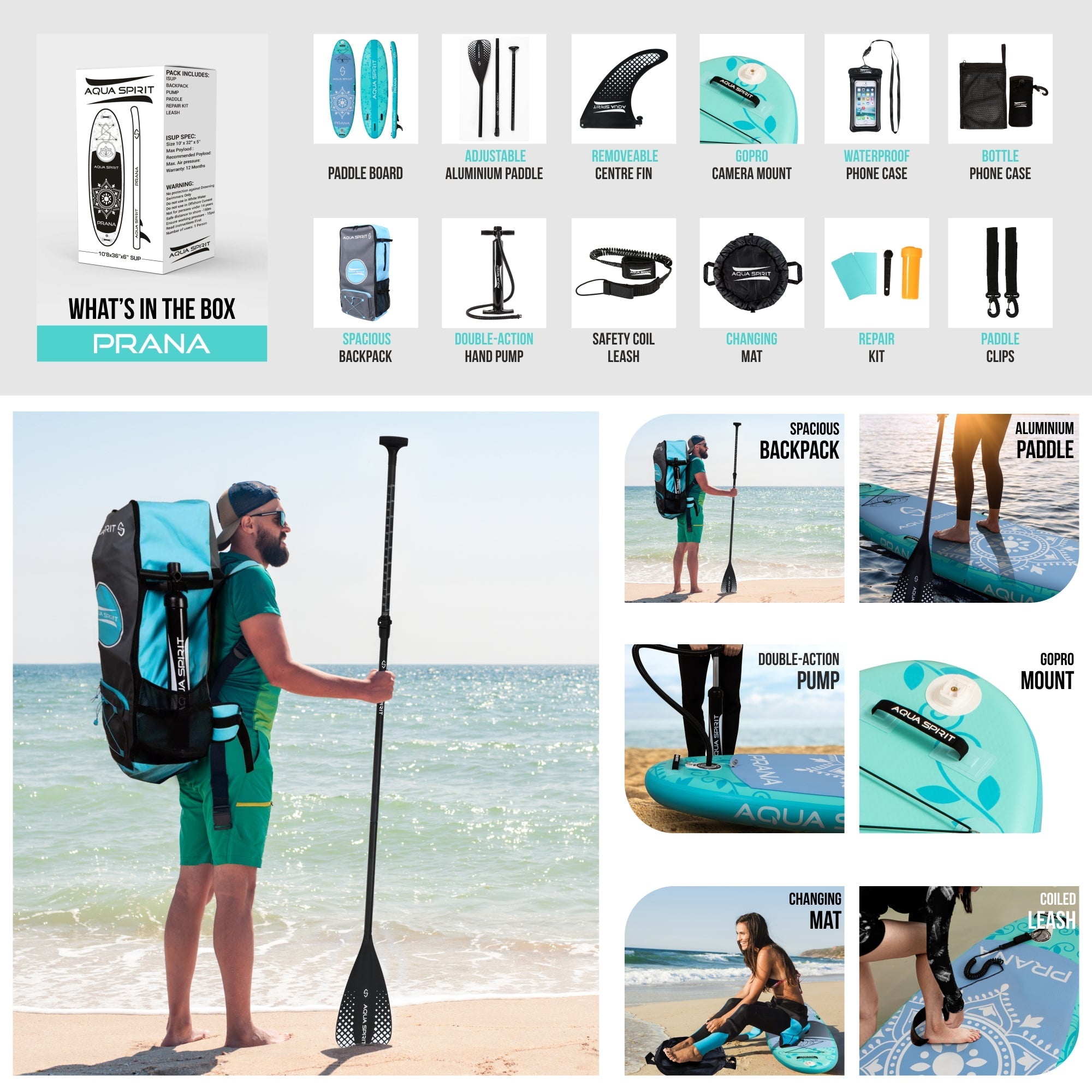 Aqua Spirit Prana 10′8″ Yoga Water AquaFitness Stand Up Paddle Board Kit | 6" Thick | Aluminium Paddle& Clips, Backpack, Change Mat, Pump, Leash, Mount for GoPro, Shoulder Straps & 2 Year Warranty - Packed Direct UK