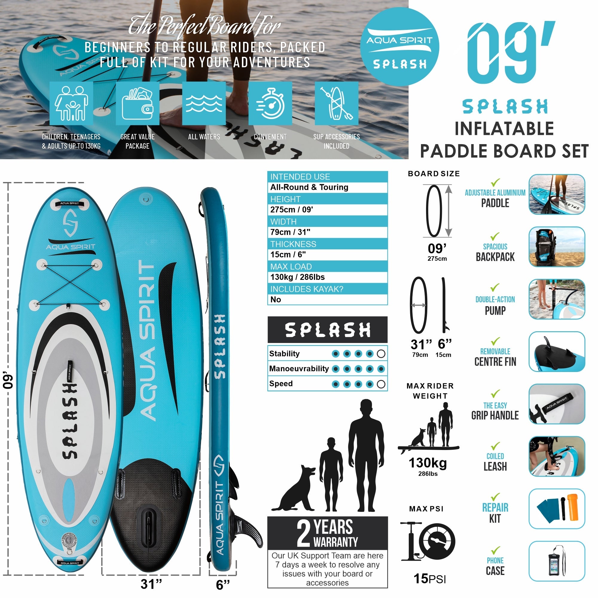 Aqua Spirit Splash Inflatable Stand Up SUP 9’x31”x6” Beginners Paddle Board For Kids/ Small Adults With Accessories, Paddle, Pump, Back Pack, Leash, Repair Kit, 2 Year Warranty - Packed Direct UK