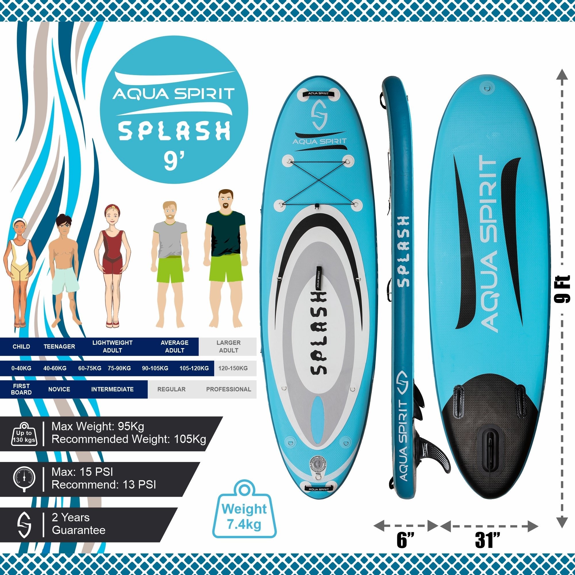 Aqua Spirit Splash Inflatable Stand Up SUP 9’x31”x6” Beginners Paddle Board For Kids/ Small Adults With Accessories, Paddle, Pump, Back Pack, Leash, Repair Kit, 2 Year Warranty - Packed Direct UK