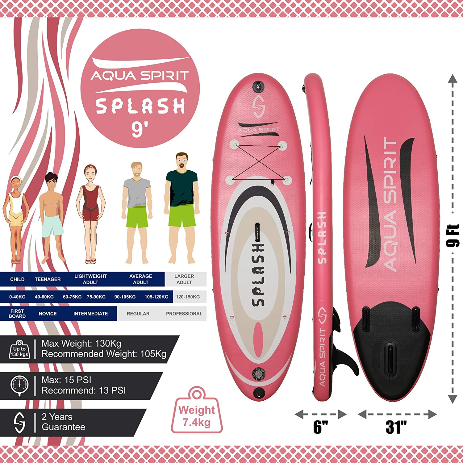 AQUA SPIRIT Splash iSUP 9’ long Inflatable Stand up Paddle Board for Beginners/Intermediate with Backpack, Leash, Paddle, Changing Mat & Waterproof Phone Case - Packed Direct UK
