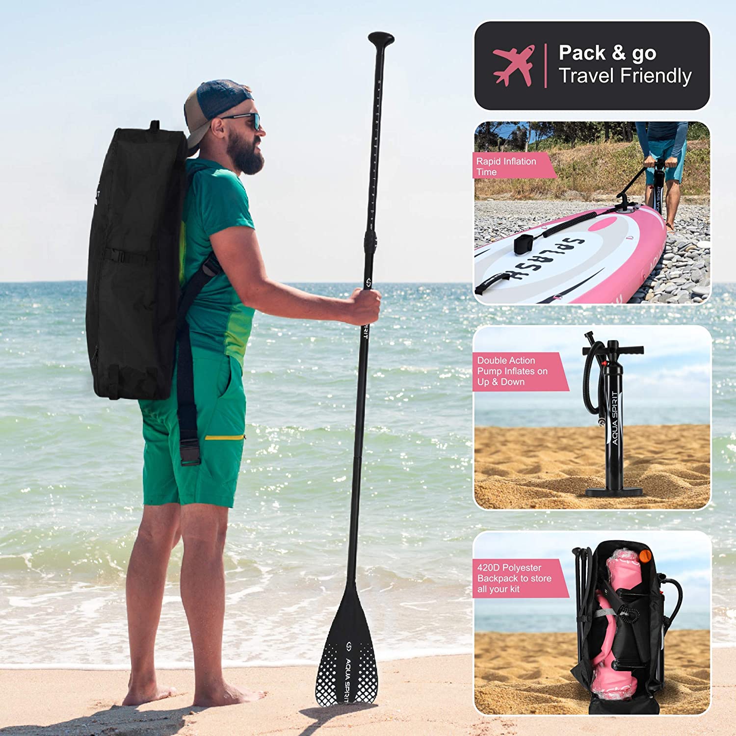 AQUA SPIRIT Splash iSUP 9’ long Inflatable Stand up Paddle Board for Beginners/Intermediate with Backpack, Leash, Paddle, Changing Mat & Waterproof Phone Case - Packed Direct UK