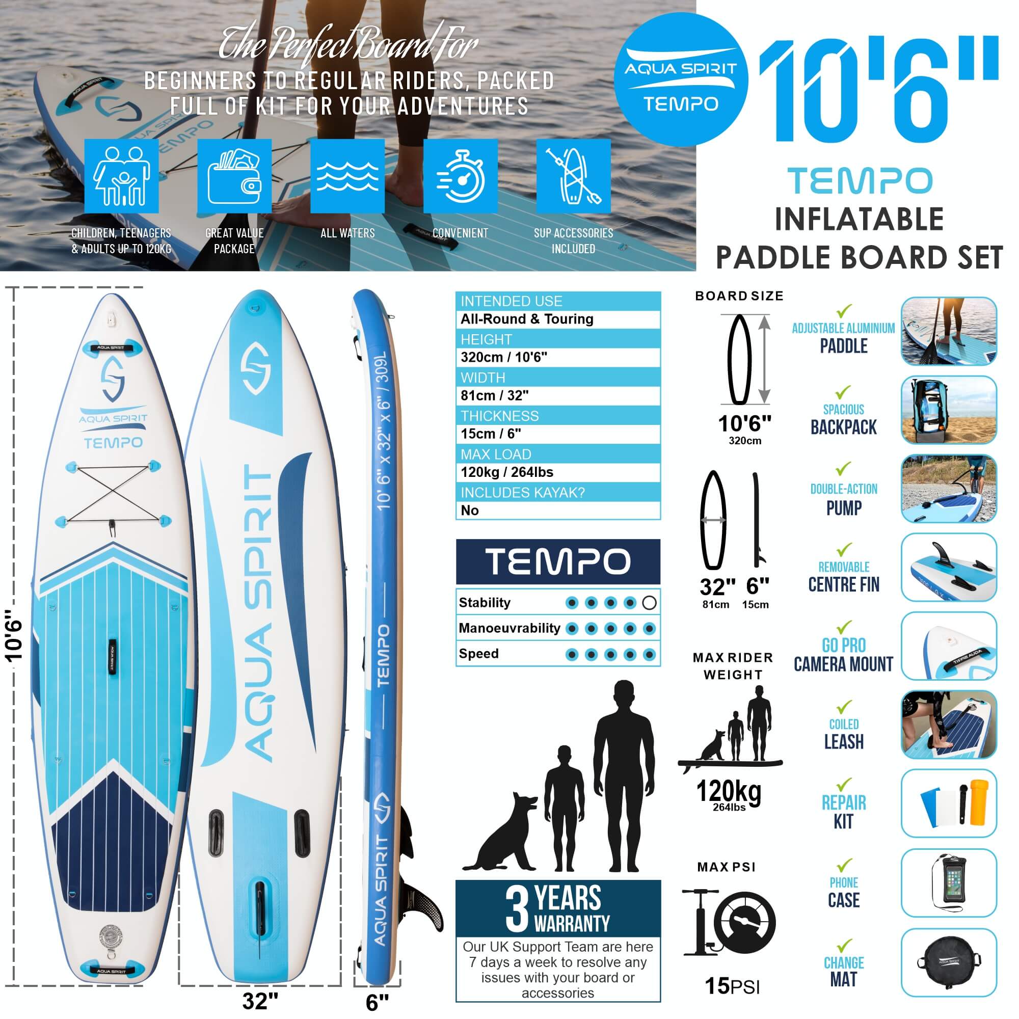 AQUA SPIRIT Tempo 10'/10'6 iSUP Inflatable Stand up Paddle Board for Adult Beginners/Intermediate with Backpack, Leash, Paddle, Changing Mat & Waterproof Phone Case - Packed Direct UK