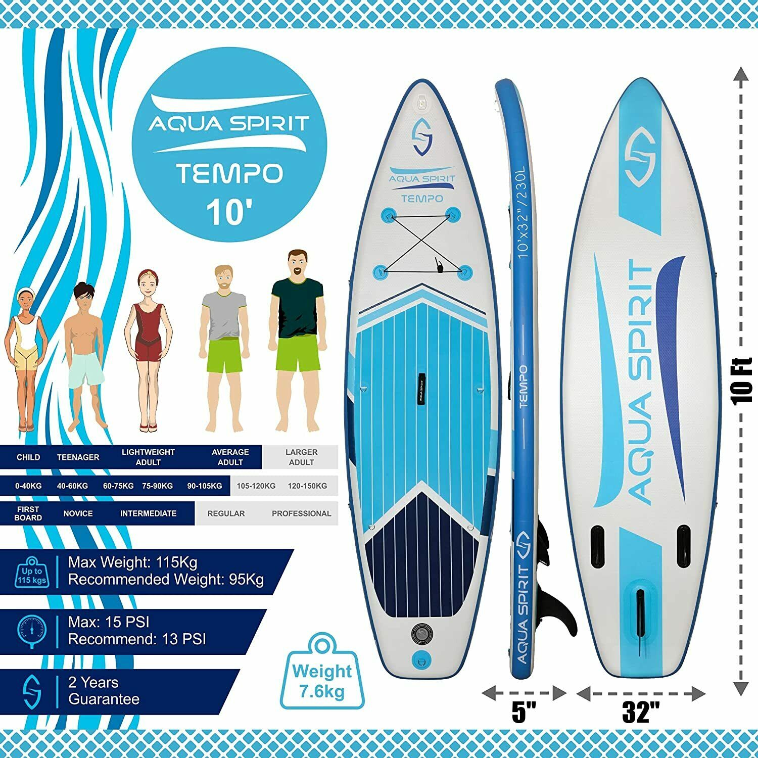 Aqua Spirit Tempo Blue 10FT iSUP Inflatable Stand up Paddle Board & Accessories - Packed Direct UK