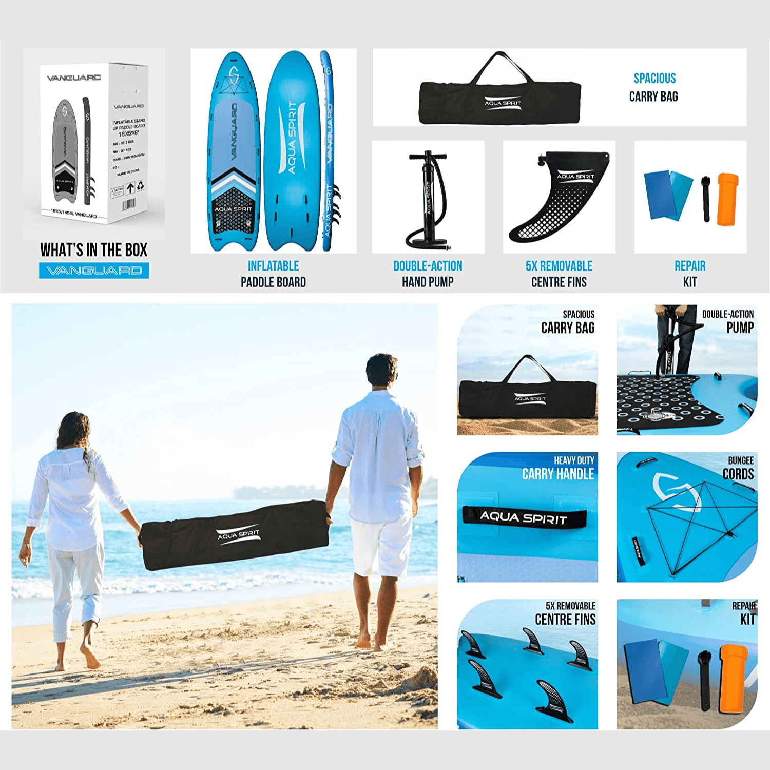 Aqua Spirit Vanguard Family Inflatable SUP for Group Adventures, 18' x 5’ x 8” with Carry Bag, Double-Action Pump And More Accessories, Up To 10 Person, 500KG Limit, 1 Year Warranty - Packed Direct UK