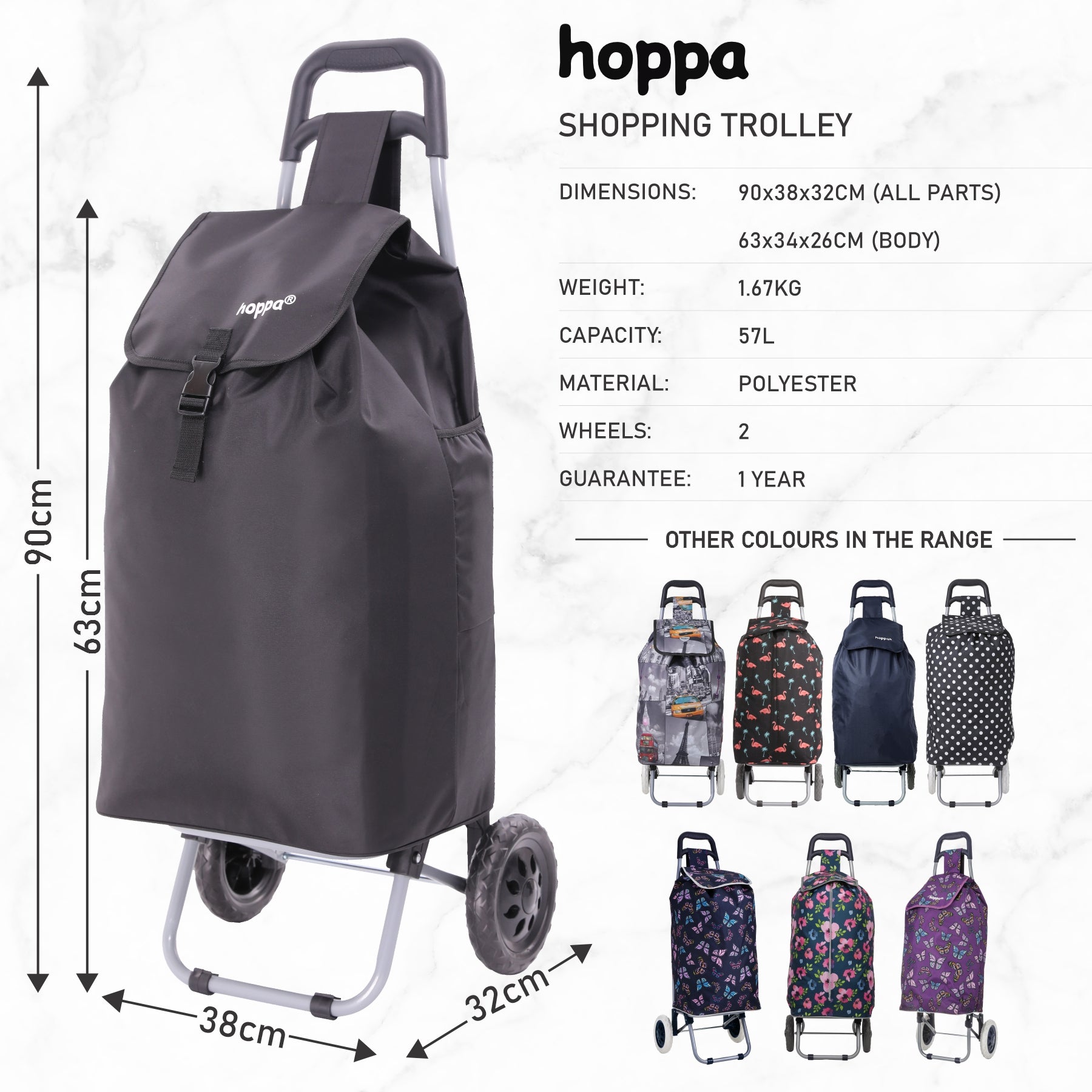 Hoppa 57Ltr Lightweight Shopping Trolley 2024 model, Hard Wearing & Foldaway Push/Pull Cart for Easy Storage With 1 Year Guarantee - Packed Direct UK