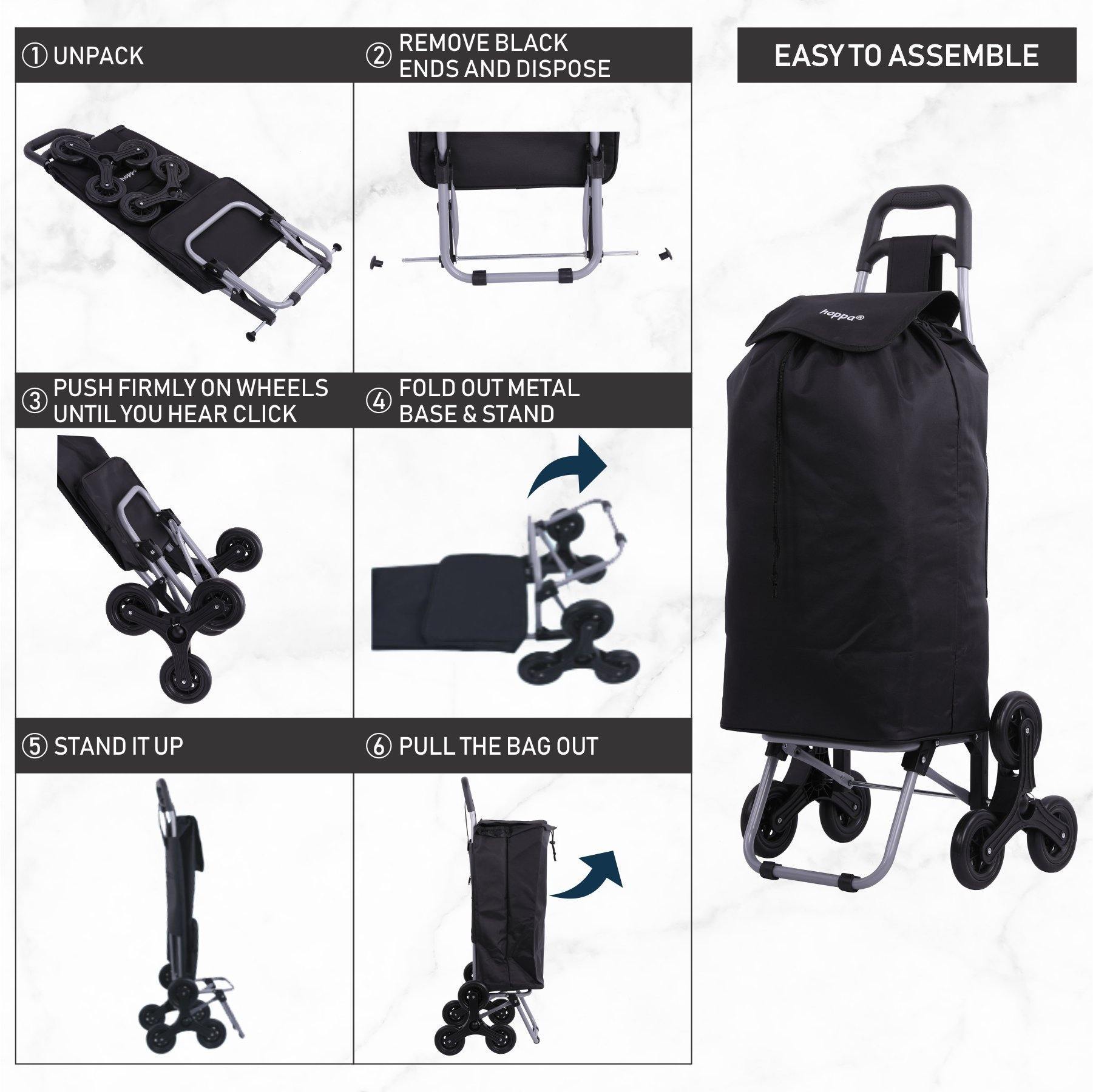 Hoppa Lightweight 6-Wheel Folding Shopping Trolley Large 47L Capacity Shopping Trolley Bag, 95cm, 2kg, Push/Pull Stairclimber (Black) - Packed Direct UK