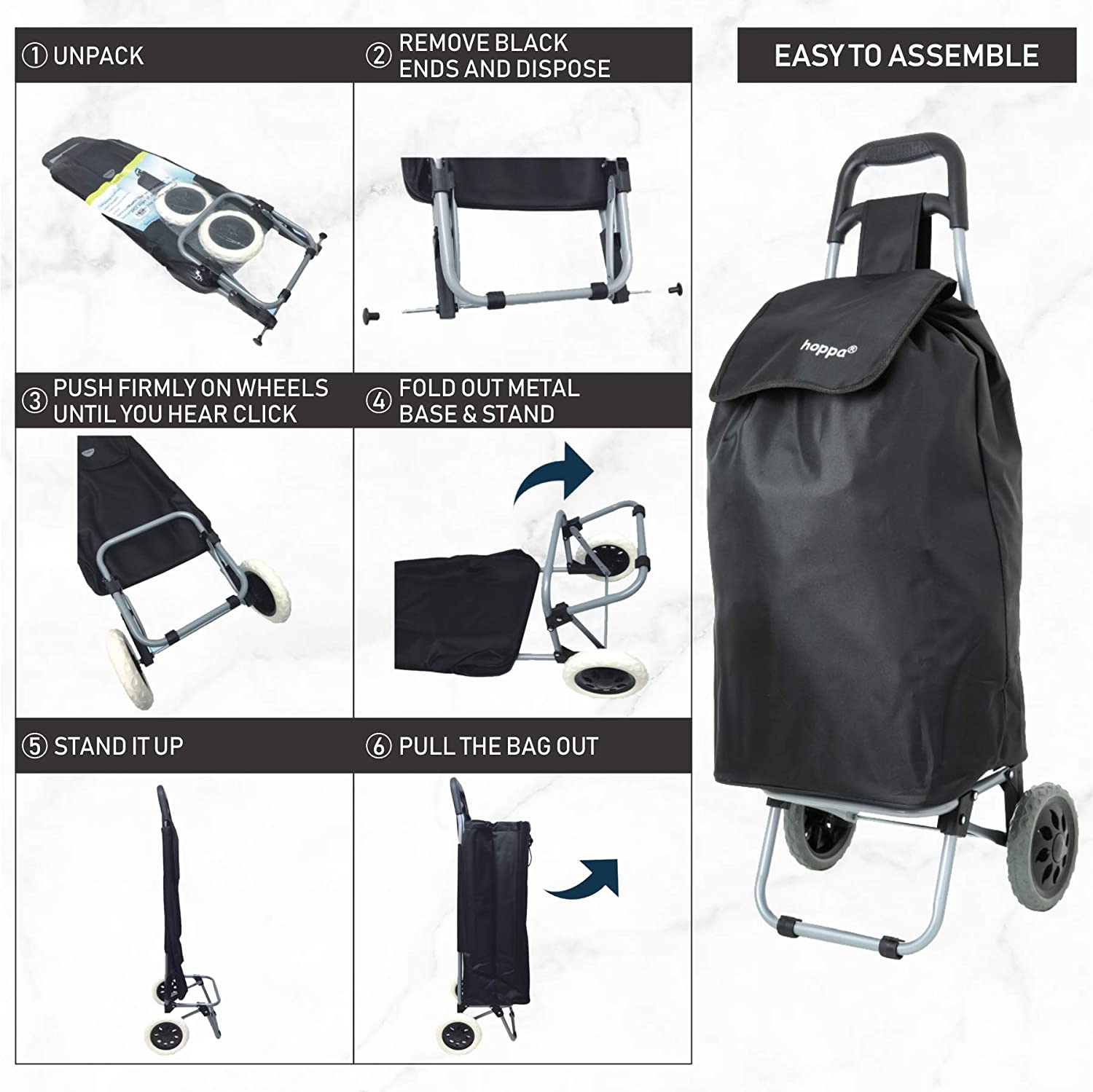 Hoppa Lightweight Shopping Trolley 2021 Model Folding 2 Wheel Large Capacity Shopper (Black 140), 47 Liter with 1 Year Warranty - Packed Direct UK