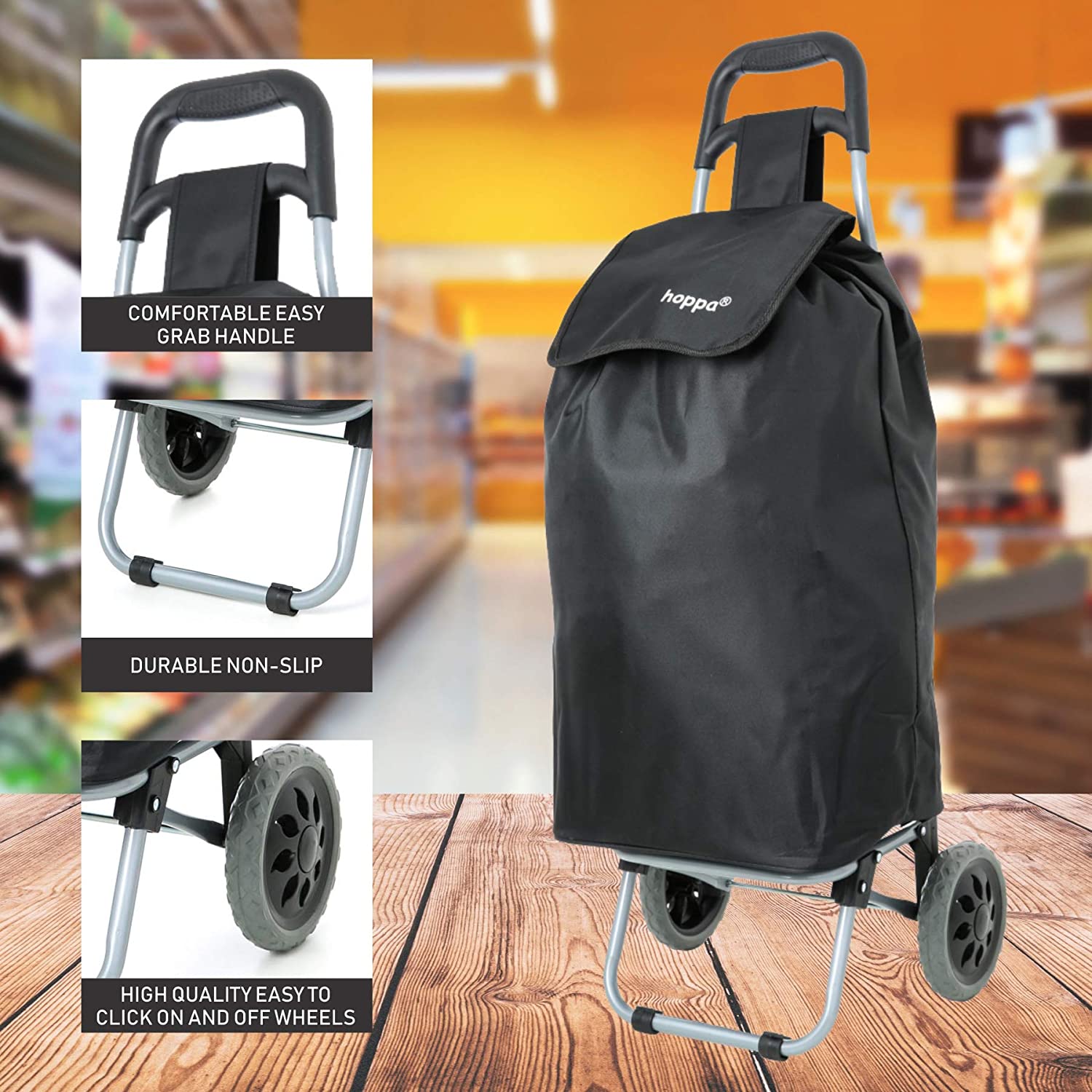 Hoppa Lightweight Shopping Trolley 2021 Model Folding 2 Wheel Large Capacity Shopper (Black 140), 47 Liter with 1 Year Warranty - Packed Direct UK