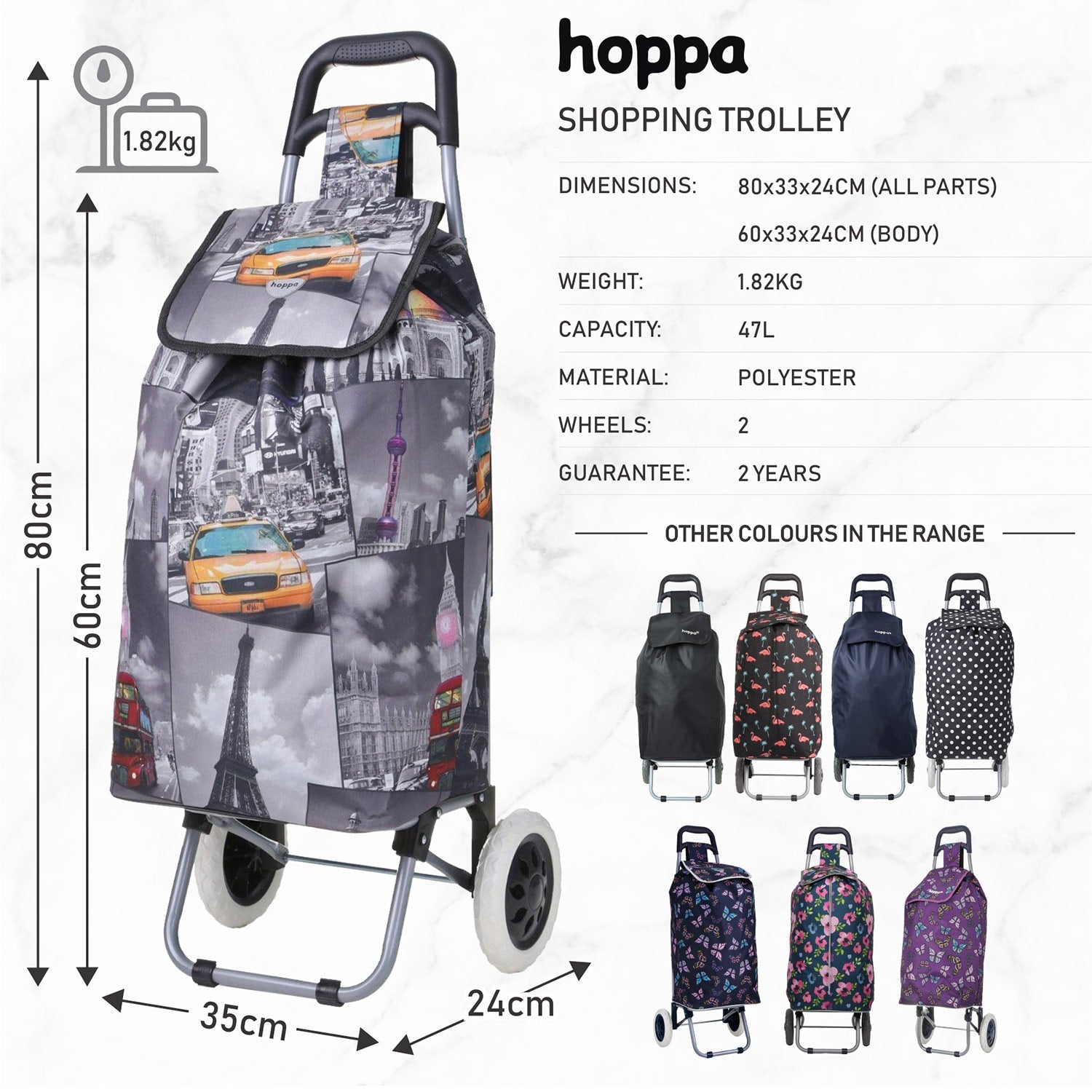 Hoppa Lightweight Shopping Trolley 2023 Model Folding 2 Wheel Large Capacity Shopper, 47 Litre - Packed Direct UK