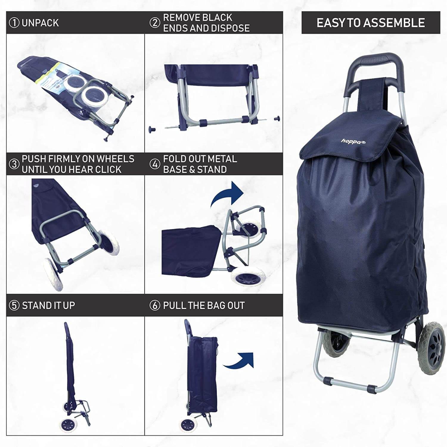 Hoppa Lightweight Shopping Trolley Folding 2 Wheel Large Capacity Shopper (Navy 140) - Packed Direct UK