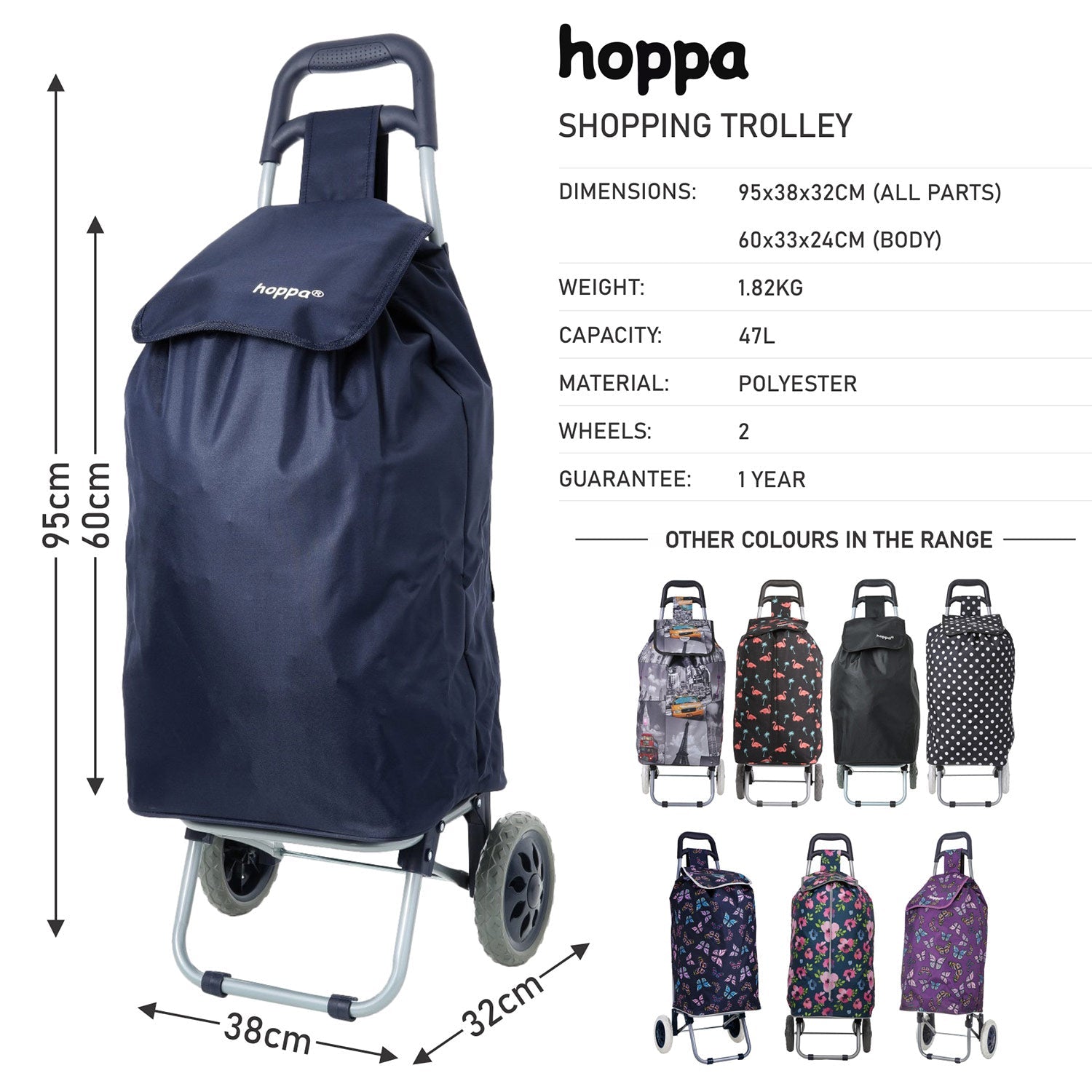 Hoppa Lightweight Shopping Trolley Folding 2 Wheel Large Capacity Shopper (Navy 140) - Packed Direct UK