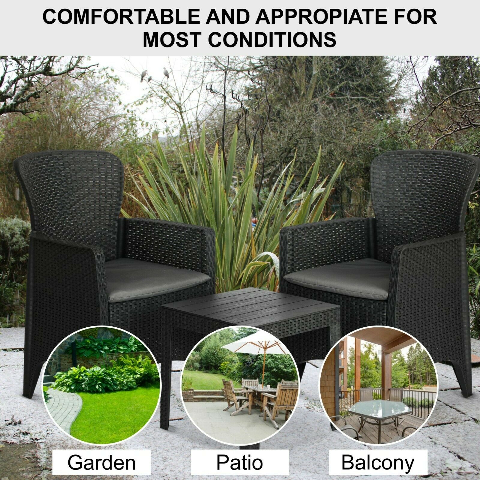 Olsen & Smith 3 Piece 2 Person Weatherproof Rattan Outdoor Garden Lawn Decking Patio Balcony Furniture Set, 2 Chairs and Cushions with 1 Table , Grey - Packed Direct UK