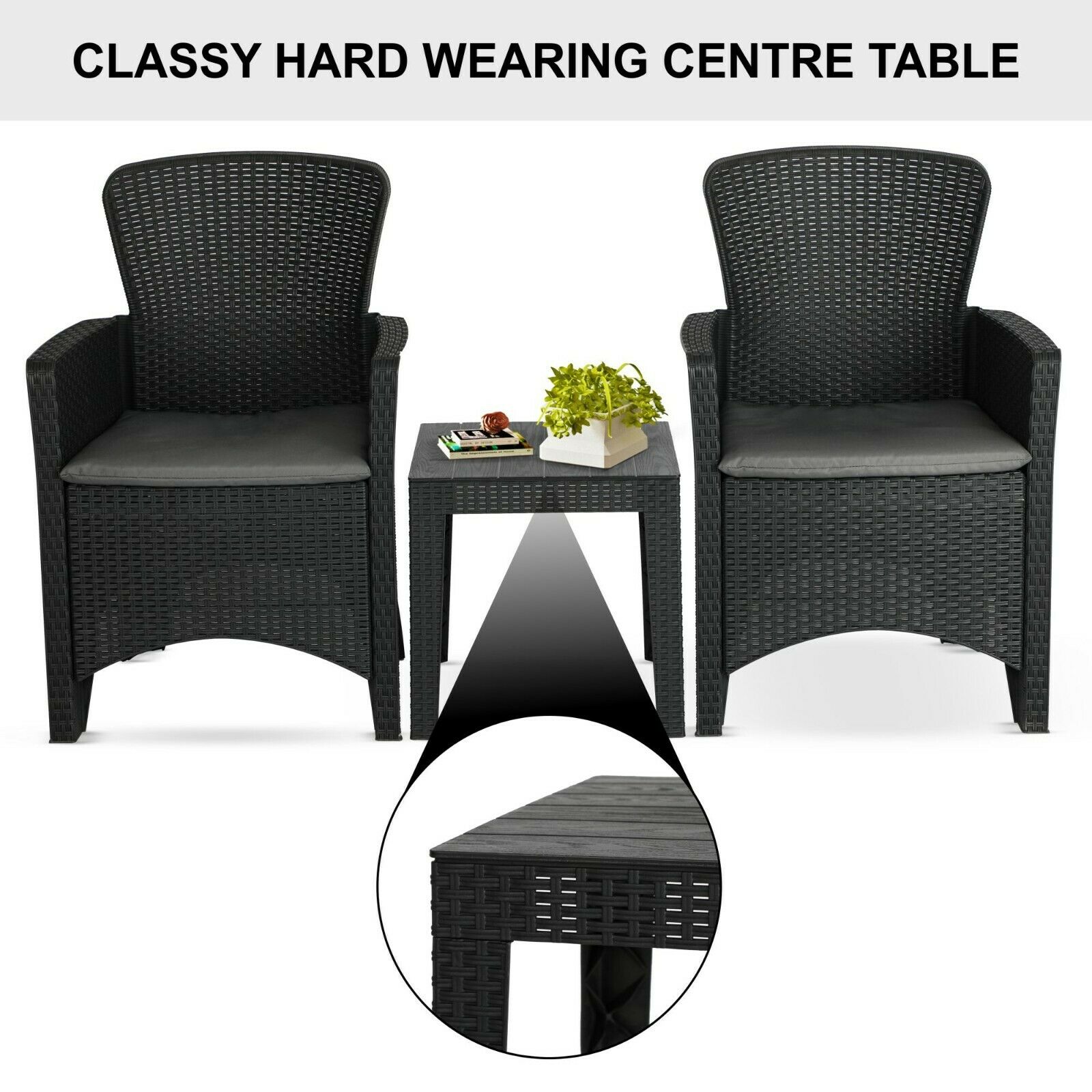 Olsen & Smith 3 Piece 2 Person Weatherproof Rattan Outdoor Garden Lawn Decking Patio Balcony Furniture Set, 2 Chairs and Cushions with 1 Table , Grey - Packed Direct UK