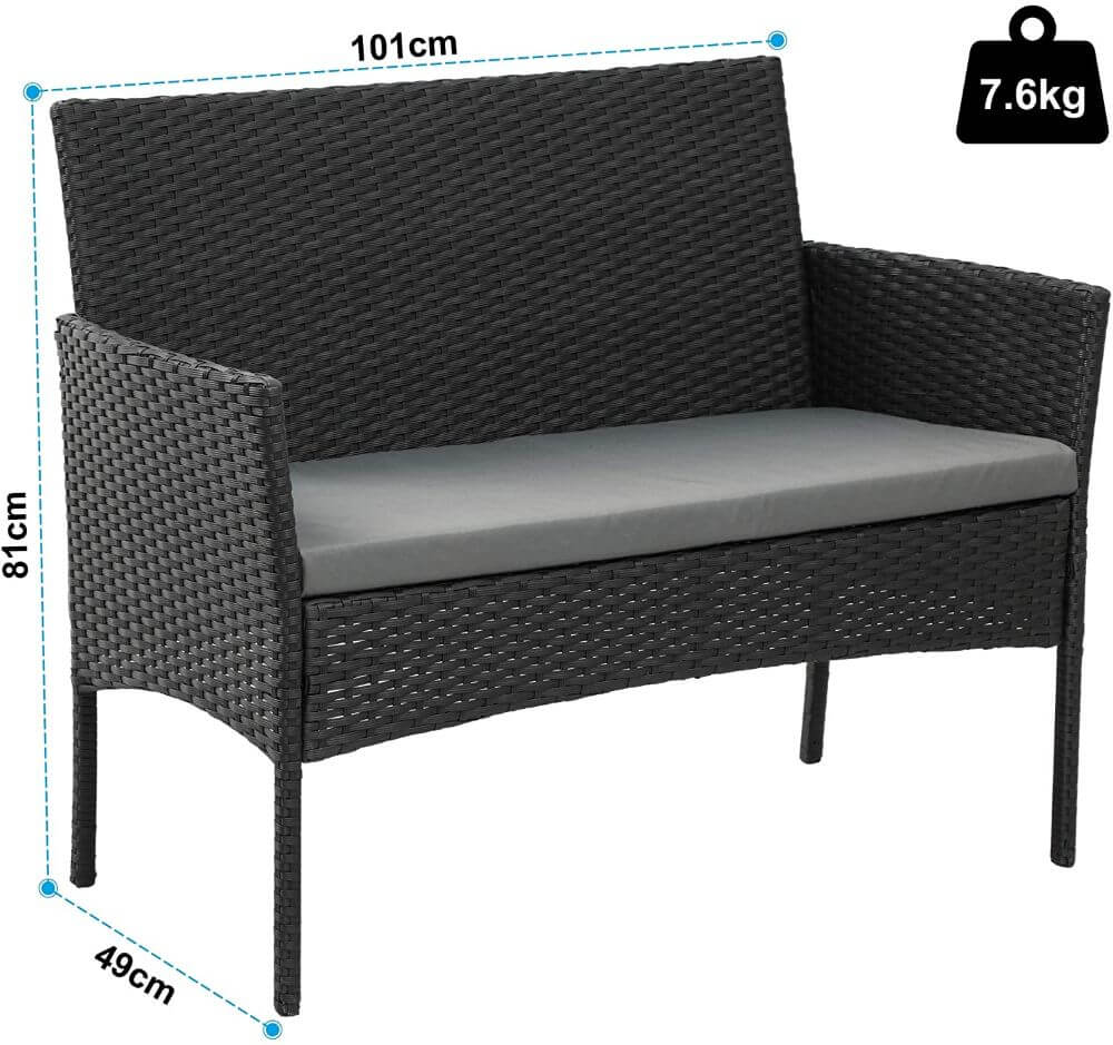 Olsen & Smith 4 Piece Rattan Effect Outdoor Garden Patio Furniture Set - Love Seat Sofa + 2 Chairs + Table (Black) - Packed Direct UK