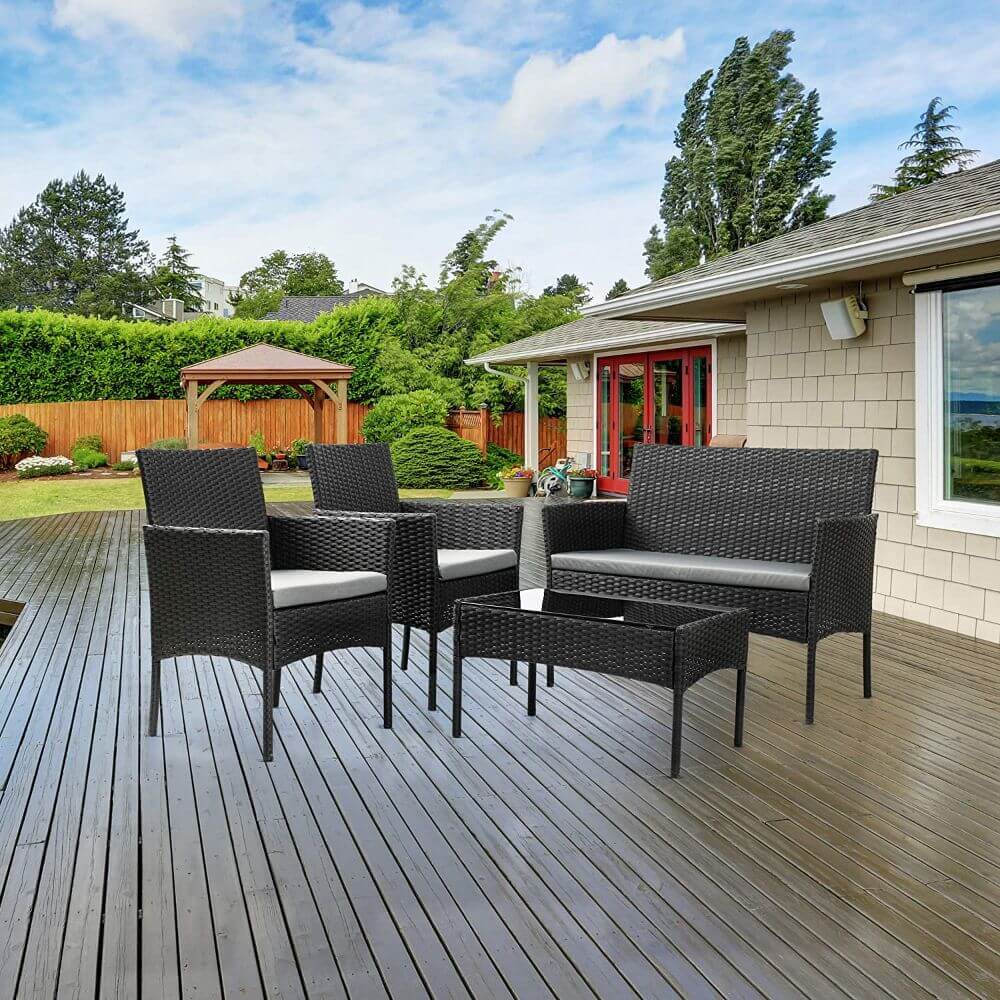 Olsen & Smith 4 Piece Rattan Effect Outdoor Garden Patio Furniture Set - Love Seat Sofa + 2 Chairs + Table (Black) - Packed Direct UK