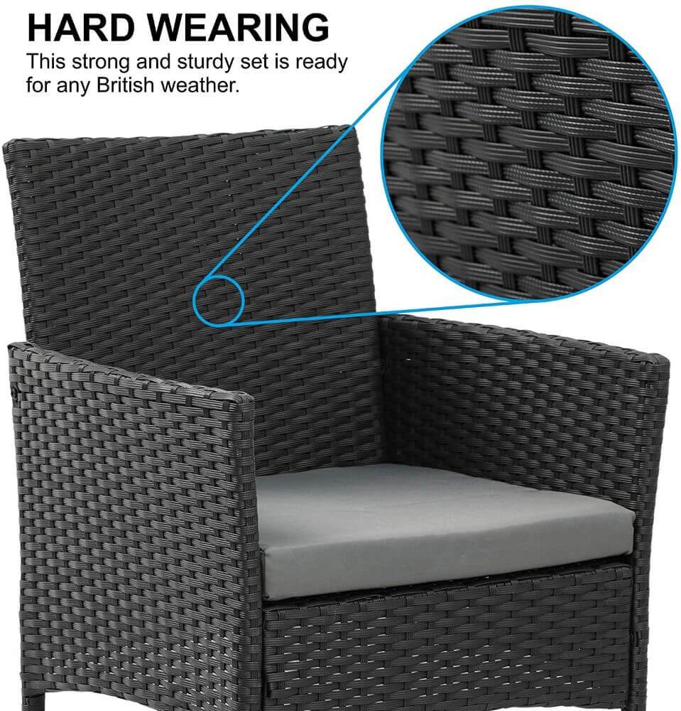 Olsen & Smith 4 Piece Rattan Effect Outdoor Garden Patio Furniture Set - Love Seat Sofa + 2 Chairs + Table (Black) - Packed Direct UK