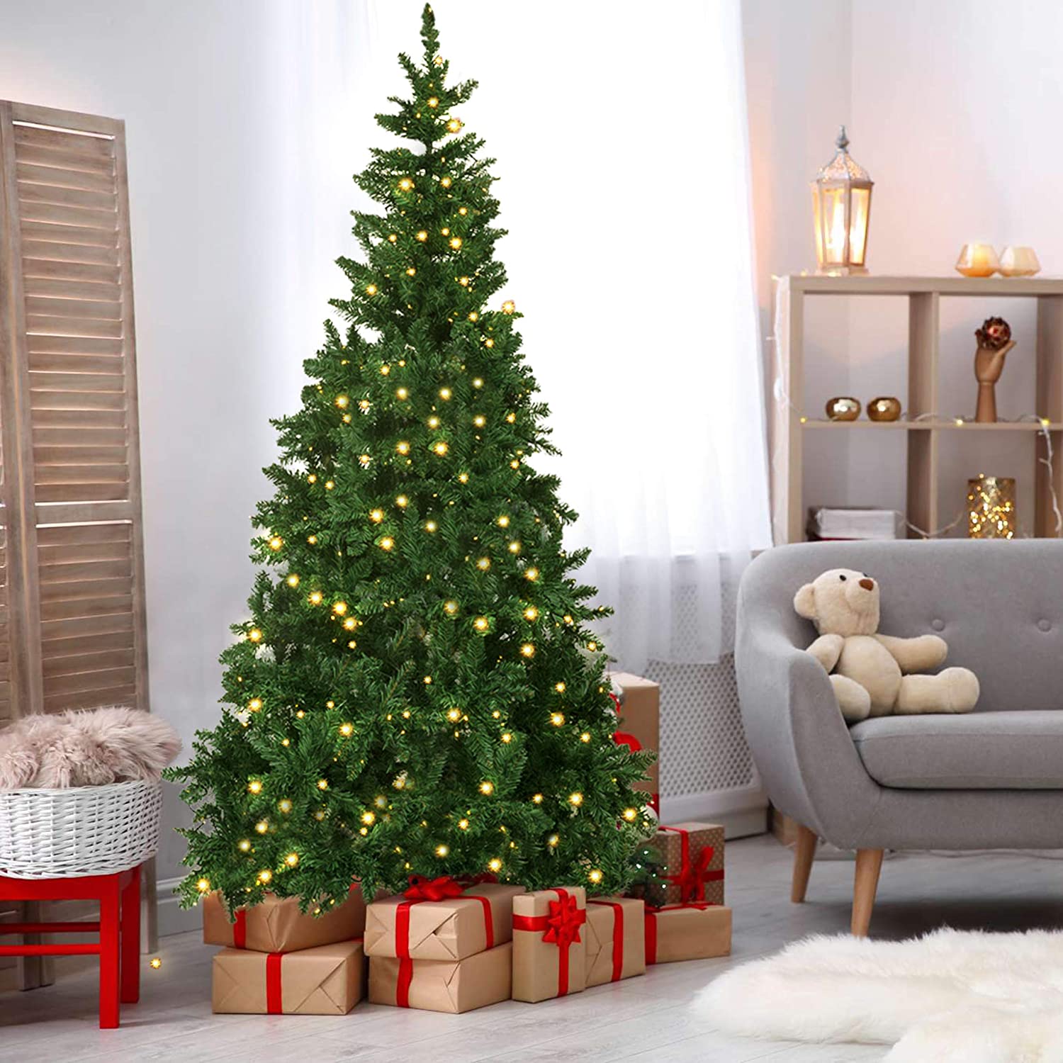Olsen & Smith 6ft / 7ft / 7.5ft Pre-Lit Victorian Pine Multi-Function Artificial Christmas Tree with Warm White LED Lights - Packed Direct UK