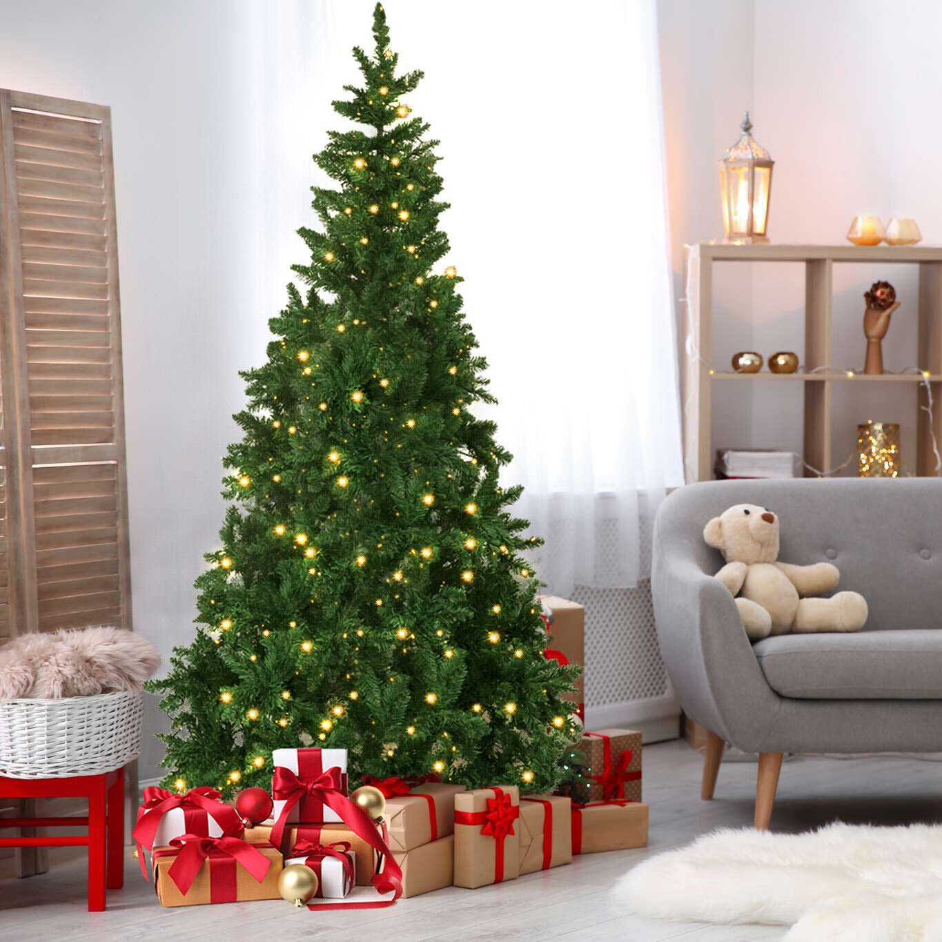 Olsen & Smith 7.5-Foot Pre-Lit Artificial Spruce Christmas Tree with 300 LED Lights, Hinged Trunk for Easy Installation and Storage, Includes Metal Stand - Packed Direct UK