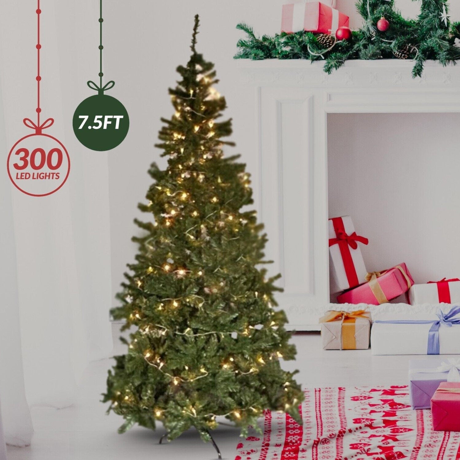 Olsen & Smith 7.5-Foot Pre-Lit Artificial Spruce Christmas Tree with 300 LED Lights, Hinged Trunk for Easy Installation and Storage, Includes Metal Stand - Packed Direct UK