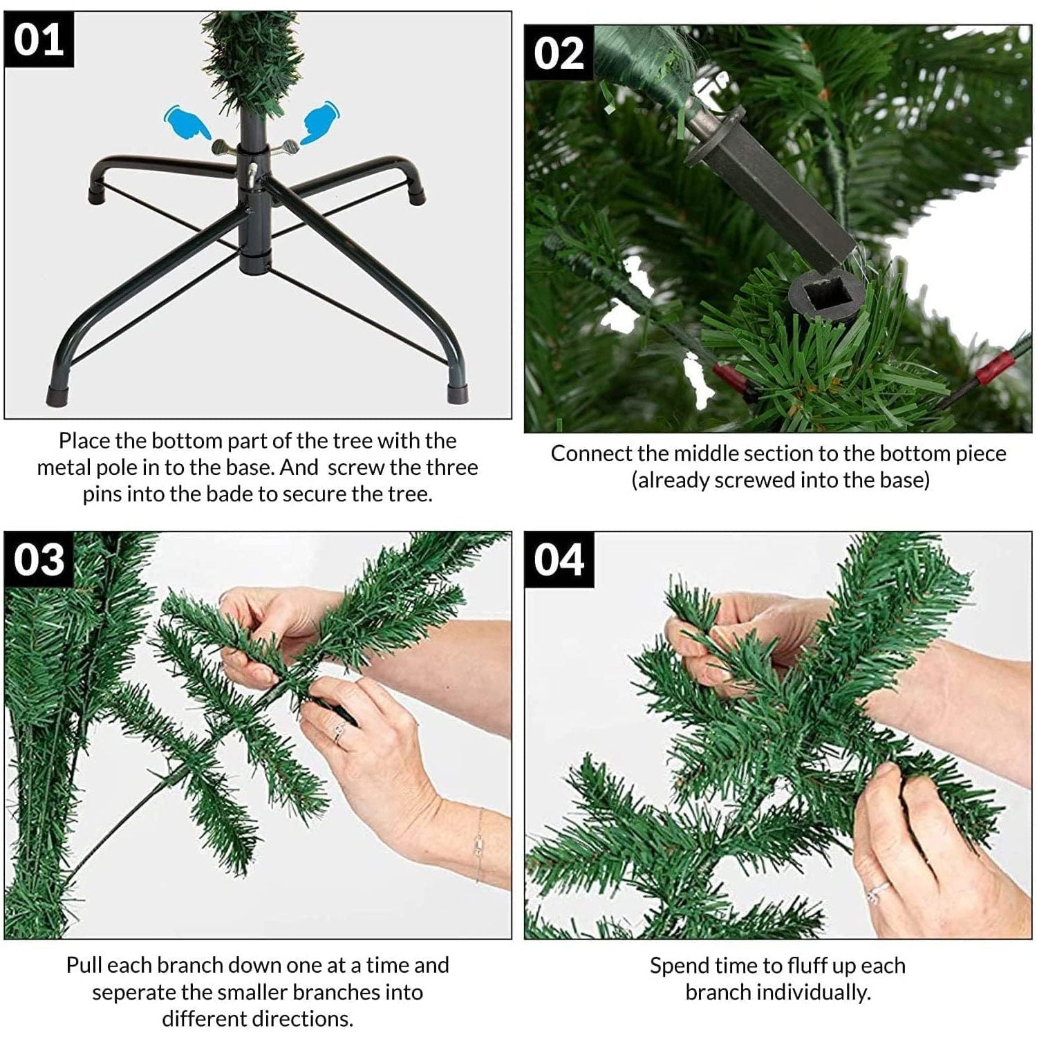 Olsen & Smith 7.5-Foot Pre-Lit Artificial Spruce Christmas Tree with 300 LED Lights, Hinged Trunk for Easy Installation and Storage, Includes Metal Stand - Packed Direct UK