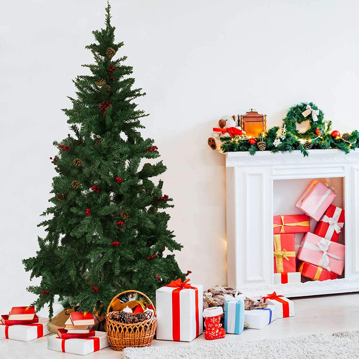 Olsen & Smith 7ft (7 Feet) 2.1m 900 Tips Festive Artificial Pine Indoor Xmas Christmas Tree with Red Berry and Pinecone Decoration - Packed Direct UK