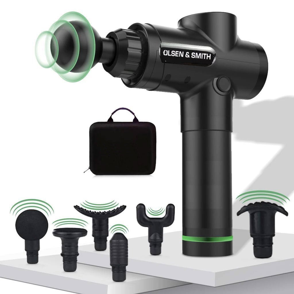 Olsen & Smith Massage Gun Deep Tissue, 6 Heads, LCD Display, 30 Speeds Quiet Operation, Handheld Muscle Massager for Muscle Soreness Pain Tension Relief & Recovery, Black