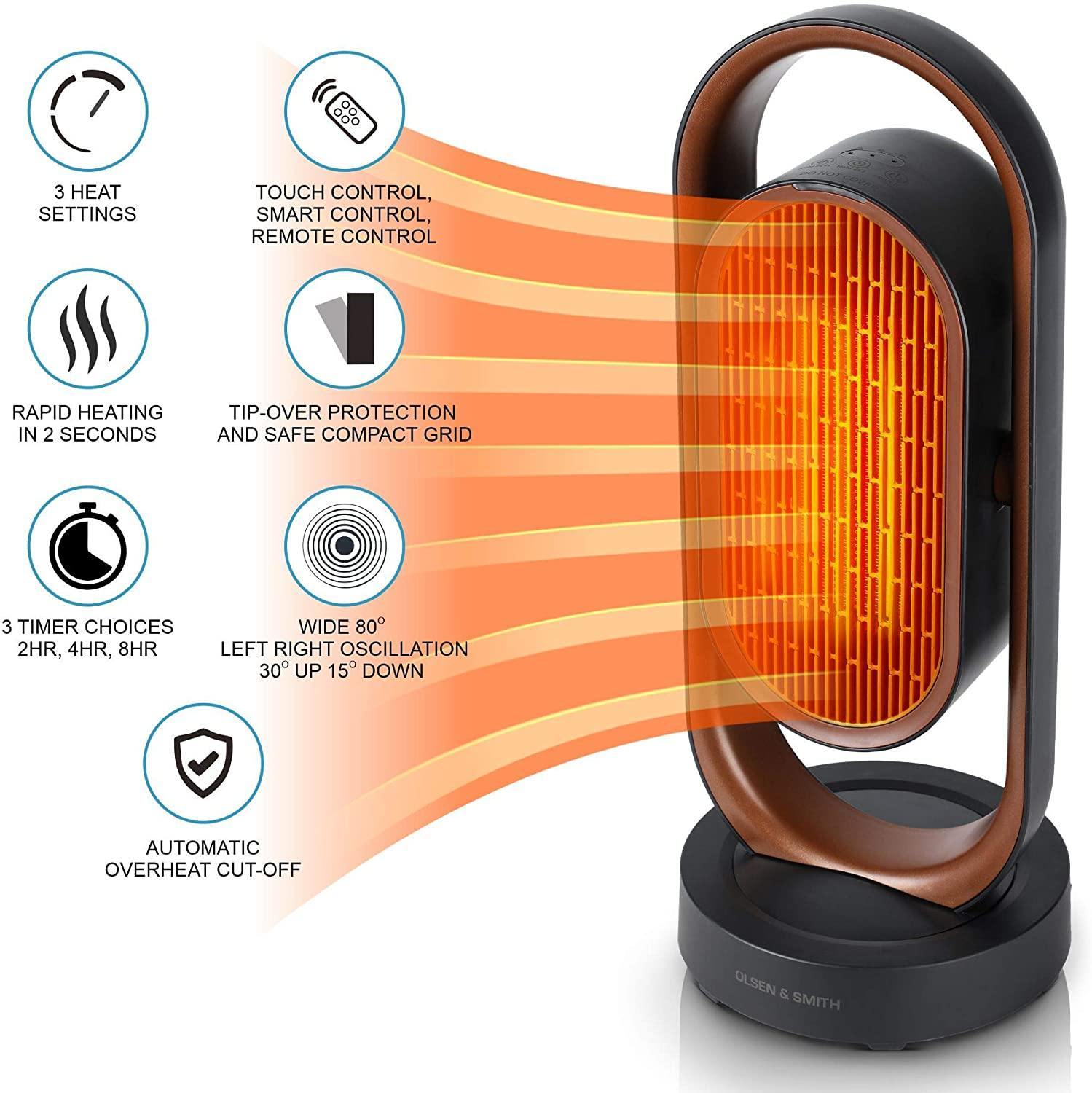 Olsen & Smith Tower Fan Heater Stylish Modern 1800W 1.8kW Compact Efficient Oscillating Ceramic with Timer Remote Control Low Energy for Home, Office and Bedroom - Packed Direct UK