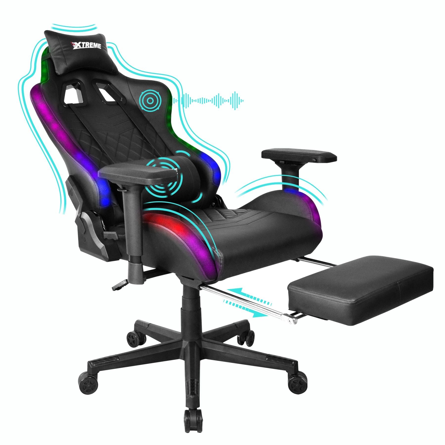 XTREME Engage Premium Gaming Chair with Bluetooth Speakers & RGB LED  Lights, Detachable Padded Headrest, Lumbar Support Cushion & Footrest, Black