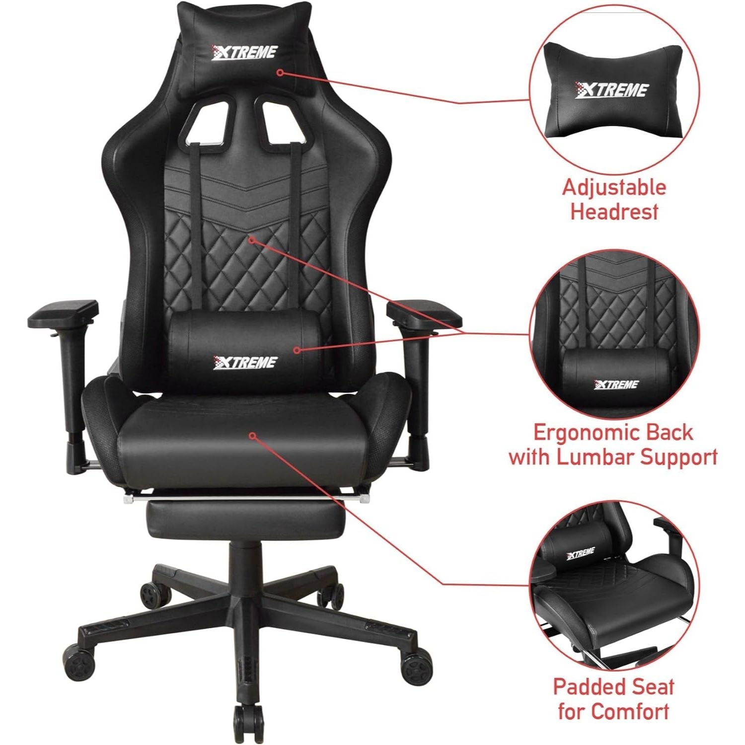 O&S XTREME Engage Premium Gaming Chair with Bluetooth Speakers & RGB LED Lights PC Computer Recliner Swivel Gamer Chair Detachable Padded Headrest Lumbar Support Cushion & Footrest Black - Packed Direct UK
