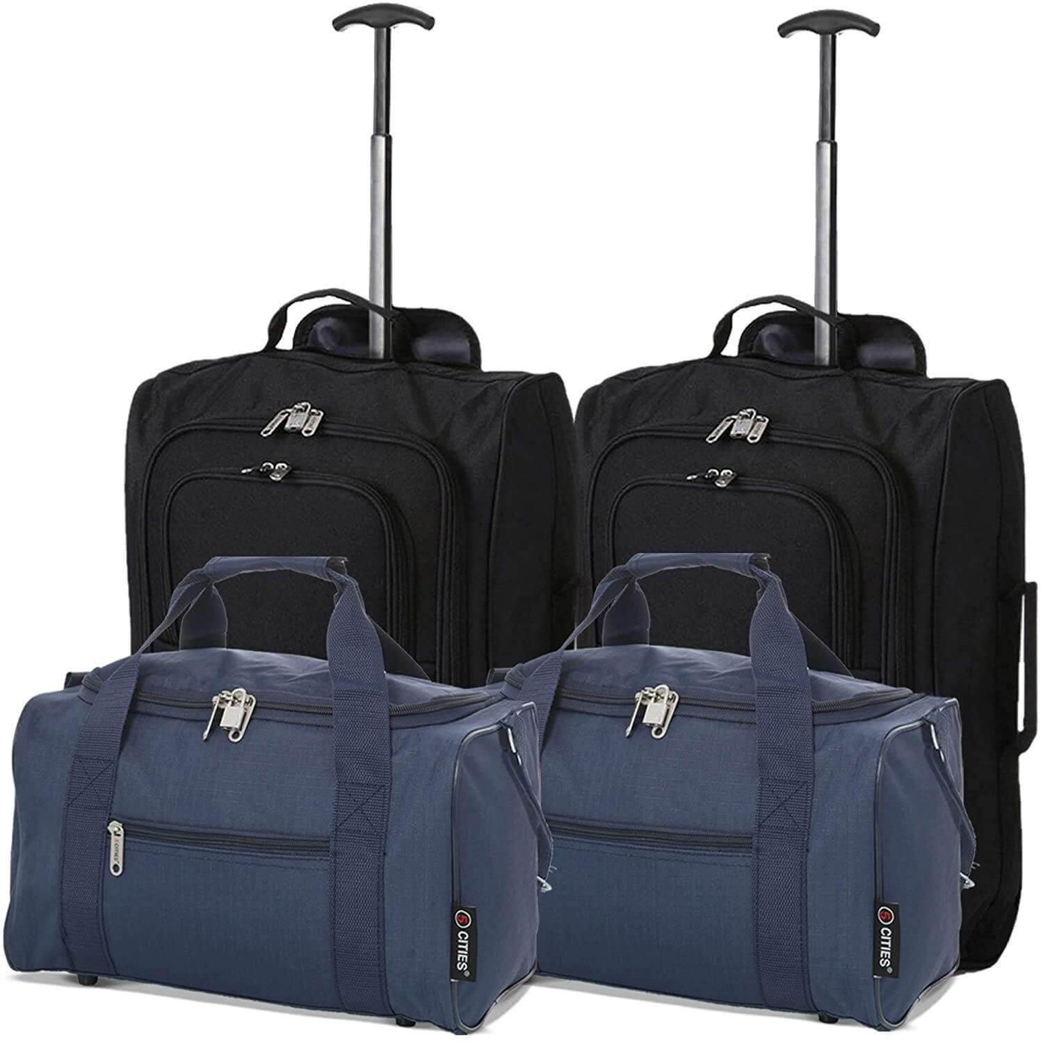 Set of 2 Hand Luggage Set Including Ryanair Cabin Approved 55x40x20cm Trolley Bag & 40x20x25 Ryanair Maximum Holdall Under Seat Flight Bag (Black X 2 + Navy X 2) - Packed Direct UK