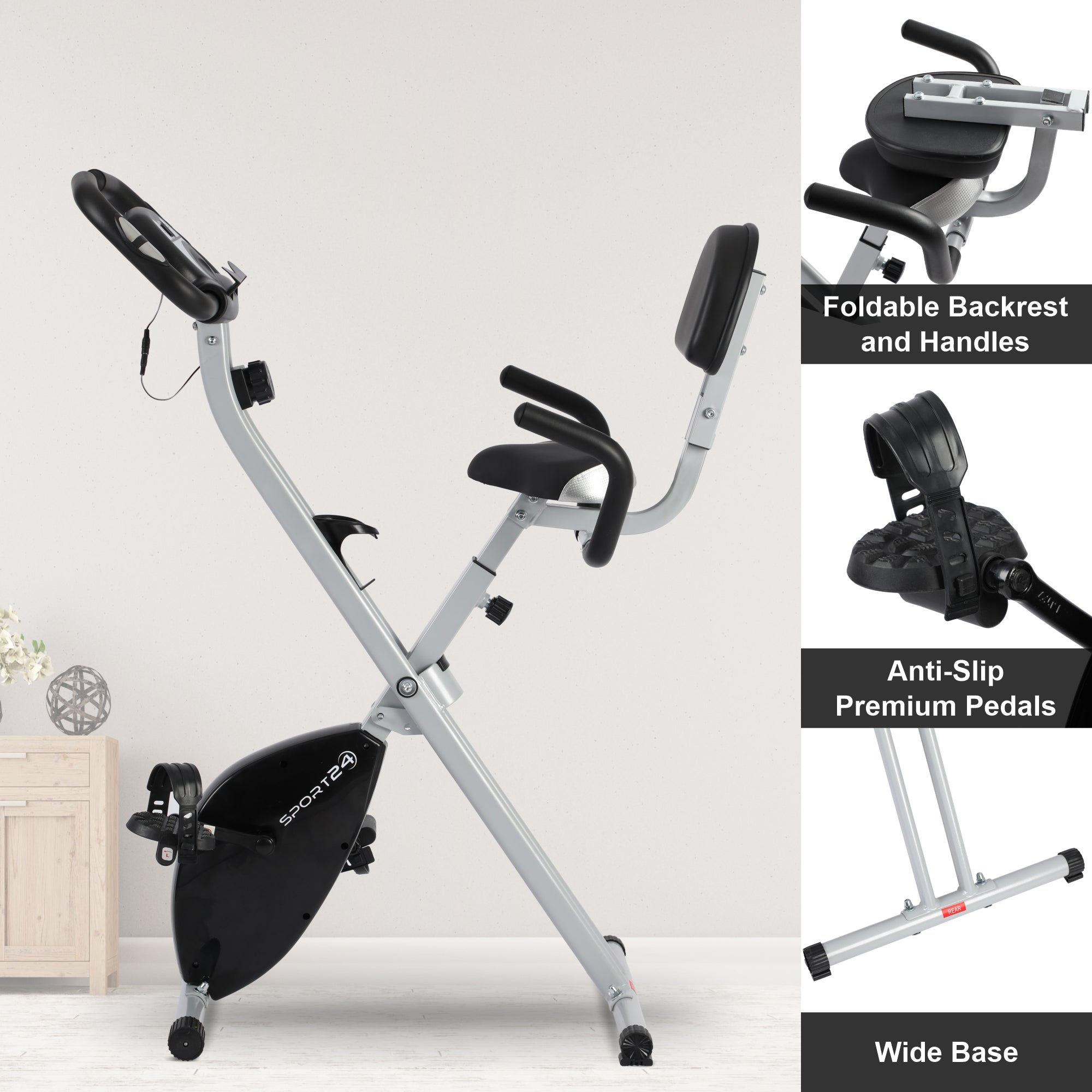 SPORT24 Stationary Upright Exercise Bike Bicycle with Back Rest for Indoor Home Use, LCD Monitor Screen , Cardio Trainer, Fitness, Multi-Resistance Levels, 2021 Edition - Packed Direct UK