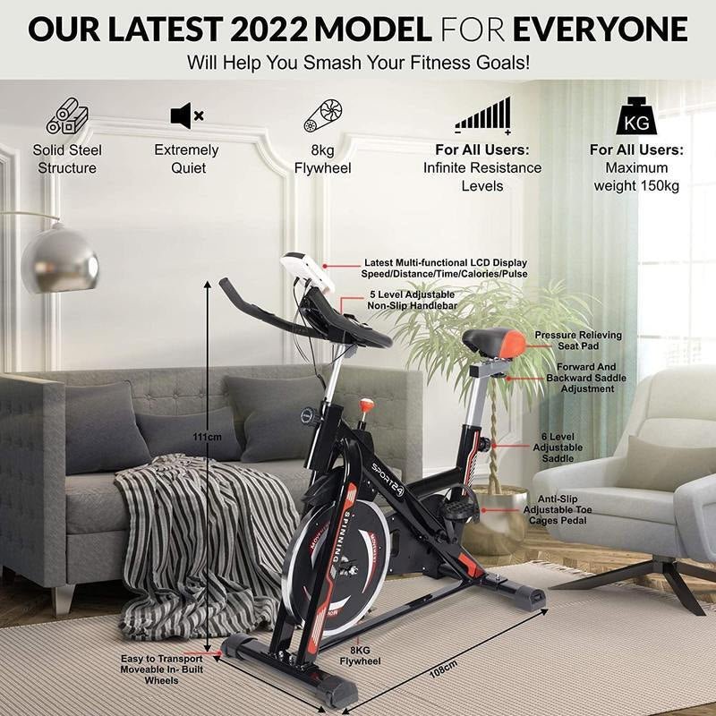 SPORT24 Stationary Upright Exercise Spinning Bike for Home Use With 8Kg Flywheel, LCD Multi-Function Monitor, Cardio Trainer, Indoor Fitness, Multi-Resistance Levels, Flywheel Bicycle, Black Red - Packed Direct UK