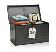 Olsen & Smith 380L Large Garden Storage Box – Weather Resistant Outdoor Storage Chest with Padlock, Wood Effect Plastic Cushion Storage Box, Heavy Duty Patio Storage (Grey)