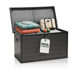 Olsen & Smith 380L Large Garden Storage Box – Weather Resistant Outdoor Storage Chest with Padlock, Wood Effect Plastic Cushion Storage Box, Heavy Duty Patio Storage (Grey)