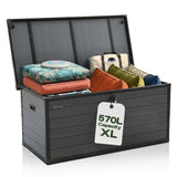 Olsen & Smith 570L Large Garden Storage Box – Weather Resistant Outdoor Storage Chest with Padlock, Wood Effect Plastic Cushion Storage Box, Heavy Duty Patio Storage (Grey)