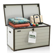 Olsen & Smith 380L Large Garden Storage Box – Weather Resistant Outdoor Storage Chest with Padlock, Wood Effect Plastic Cushion Storage Box, Heavy Duty Patio Storage (Beige)