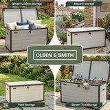 Olsen & Smith 380L Large Garden Storage Box – Weather Resistant Outdoor Storage Chest with Padlock, Wood Effect Plastic Cushion Storage Box, Heavy Duty Patio Storage (Beige)