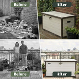 Olsen & Smith 380L Large Garden Storage Box – Weather Resistant Outdoor Storage Chest with Padlock, Wood Effect Plastic Cushion Storage Box, Heavy Duty Patio Storage (Beige)