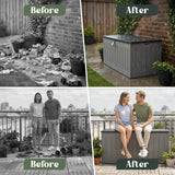 Olsen & Smith 830L MASSIVE Capacity Outdoor Garden Storage Box Plastic Shed - Weatherproof & Sit On with Wood Effect Chest