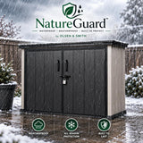 Olsen & Smith Ashcombe 1000L Mini Garden Storage Cabinet – Large Weatherproof Outdoor Storage Shed with Lockable Double Doors, Adjustable Shelf, Combination Padlock, Waterproof Wood-Look PP, Tool & Cushion Store