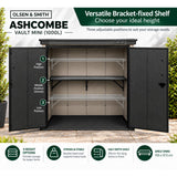 Olsen & Smith Ashcombe 1000L Mini Garden Storage Cabinet – Large Weatherproof Outdoor Storage Shed with Lockable Double Doors, Adjustable Shelf, Combination Padlock, Waterproof Wood-Look PP, Tool & Cushion Store