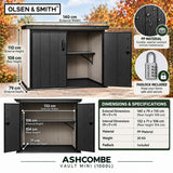 Olsen & Smith Ashcombe 1000L Mini Garden Storage Cabinet – Large Weatherproof Outdoor Storage Shed with Lockable Double Doors, Adjustable Shelf, Combination Padlock, Waterproof Wood-Look PP, Tool & Cushion Store